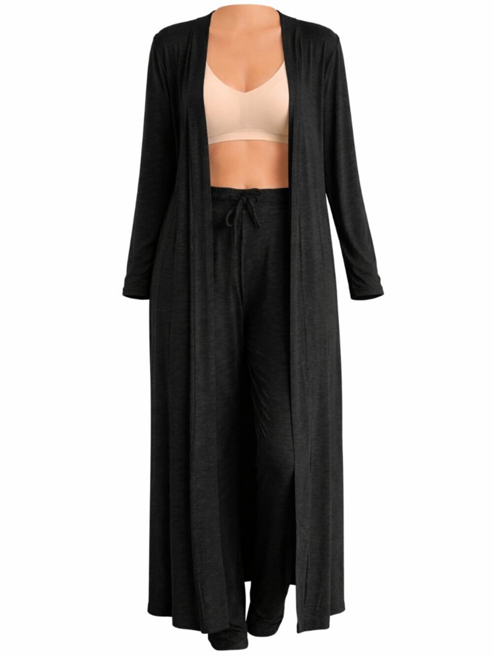 Black 2 Piece Lounge Set Open Front Duster Cardigan & Pants - Picture 2 of 4